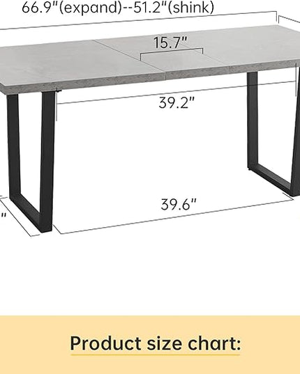 ZckyCine 51"-67" Expandable Grey Dining Table, Modern Farmhouse Kitchen Table with Wood Surface & Metal Frame, Rustic Extendable Table for Dining Room, Sturdy & Easy Assembly