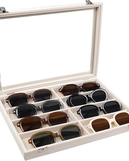 Stratalife Sunglasses Organizer Sunglass Display Tray Jewelry Tray with Lid Sunglasses Storage Case Drawer Watch Box for Men and Women Beige (8 Grids)