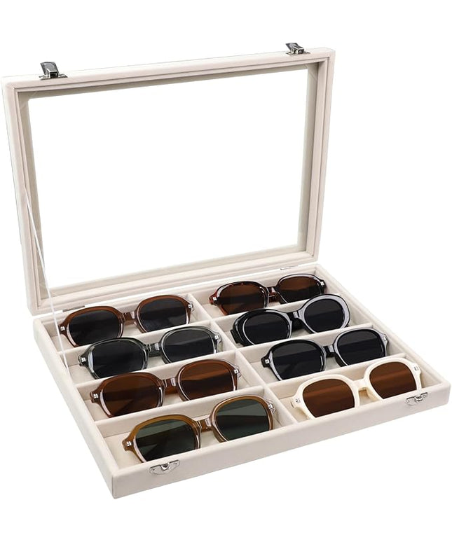 Stratalife Sunglasses Organizer Sunglass Display Tray Jewelry Tray with Lid Sunglasses Storage Case Drawer Watch Box for Men and Women Beige (8 Grids)
