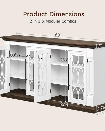 LGHM 60" Sideboard Buffet Cabinet with 4 Screen-Printed Glass Doors, Storage Cabinet with 2 in 1 Modular Design, Versatile Modern Credenza with Adjustable Shelves for Kitchen & Living Room