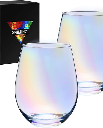 Iridescent Stemless Wine Glasses for Red or White Wine (Set of 2), 18-Ounces, Large Wine Glasses for Cabernet, Pinot Noir, Burgundy, Bordeaux