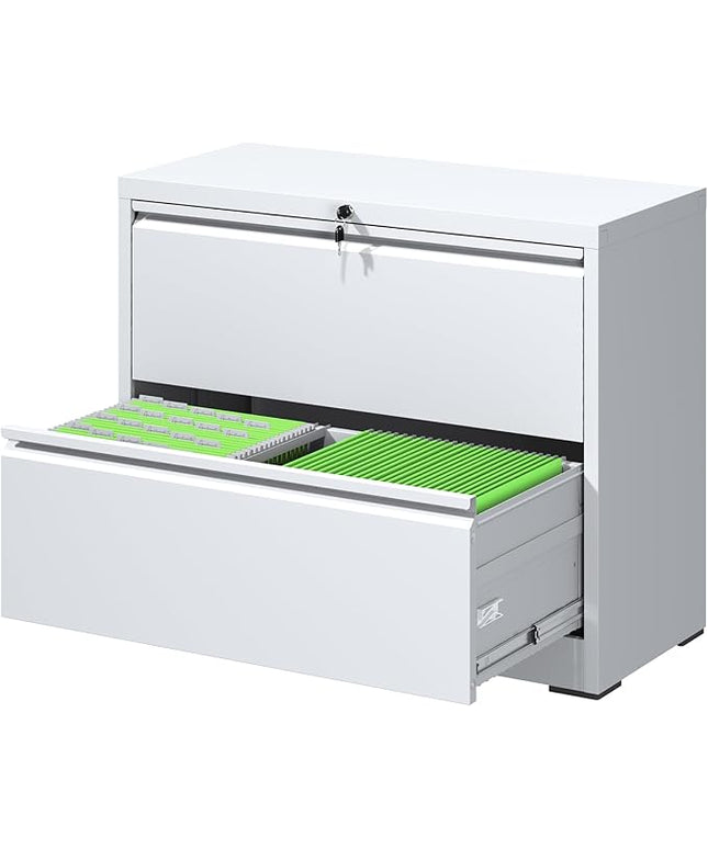 File Cabinets 2 Drawer, Metal Office Storage Filing Cabinet with Lock, White Lateral Filing Cabinet for Home Office,Horizontal Two Drawer File Cabinets for Legal/Letter,Assembly Require,White
