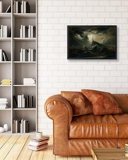 Aubeeba Lighthouse Wall Art Landscape Poster Framed Stormy Sea With Lighthouse Decor, Vintage Canvas Artwork for Bedroom And Office Decorations 12x16 inches