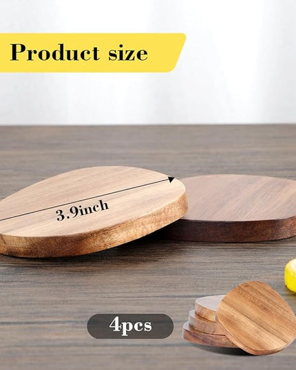 Acacia Wood Coasters Set of 4, 3.93 Inch Unique Shaped Non-Slip Wooden Coasters Without Holder for Wooden Coffee Table for Cups, Mugs, and Glasses