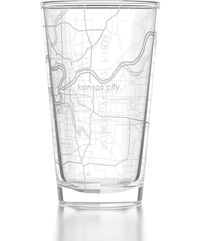 Well Told Engraved Kansas City Missouri Map Pint Glass, Etched Beer Gift (16 oz, Clear) City Map Pint, Custom City Glassware, Gifts For Beer Lovers