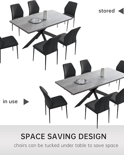 ZckyCine 6-8 People Modern Rectangular Kitchen Dining Table Space-Saving Expandable Dining Table Metal Frame (Gray Table + 6 Black Chairs)