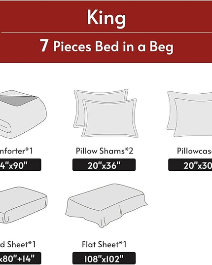 MUXHOMO 7 Pieces King Comforter Set, Reversible Bed in a Bag King Size, All Season Bedding Set with Comforter, Flat Sheet, Fitted Sheet, Pillowcases & Shams, Burgundy & Rose Gold
