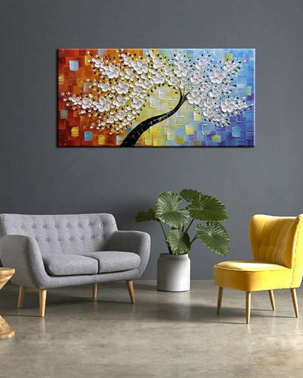 YaSheng Art -hand painted White Flowers Paintings Oil Painting On Canvas Abstract Texture Palette Knife Tree Paintings Modern Home living room Bedroom Dining Room Wall Decor Ready to hang 20x40inch