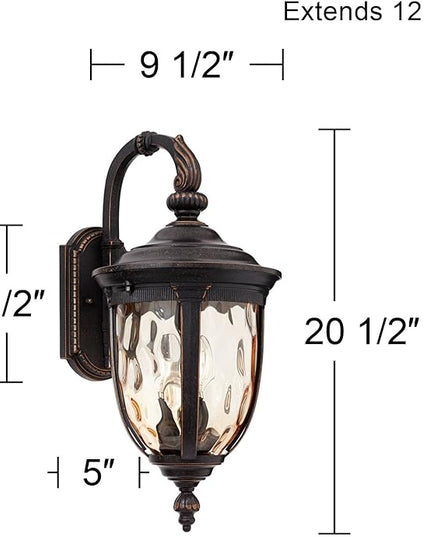 John Timberland Bellagio Vintage Outdoor Wall Light Fixture Bronze Brown Metal 20 1/2" Champagne Hammered Glass Curved Arm for House Porch Patio Outside Deck Garage Yard Front Door Garden Home