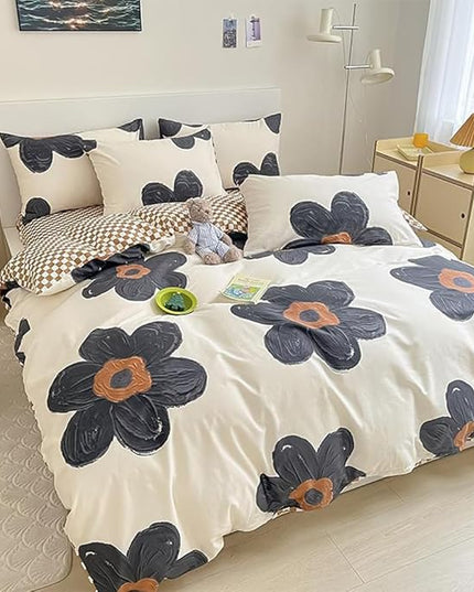 CLOTHKNOW Sunflower California King Comforter Set 3Pcs Black Floral Bedding Comforter Sets Brown Grid Comforter Boho Comforter Sets Cal King