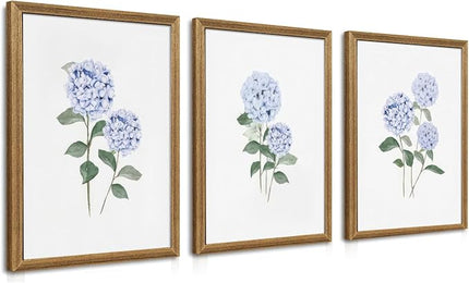WRFON Hydrangea Wall Art, Blue Floral Wall Decor, Blue Watercolor Botanical Poster Wall Decor, Modern Minimalist Botanical Canvas Painting Print for Living Room Bedroom Wood Framed 12"x16"x3
