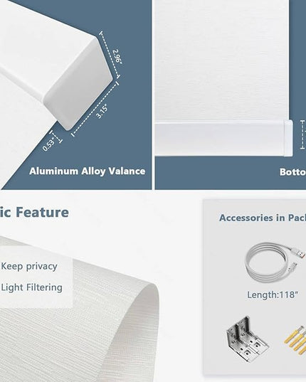 Motorized Blinds with Remote Cordless Automatic Motorized Shades Custom Blinds for Indoor Windows Smart Curtains with Alexa Google Home(Light Filtering Jacquard White,W57 x H72in)