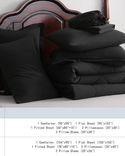 NTBAY King Comforter Set with Sheets, 7 Pieces Soft and Breathable King Bedding Set, Bed in a Bag, Down Alternative Comforter Set Solid Color All Season, King Bedding Set, Black