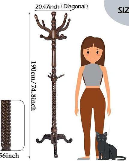 Coat Racks Free Standing with 14 Hooks, Natural Wood Coat Stands for Entryway, Adjustable Height 73 in Tree Coat Rack Stand for Hallway Home Office Bedroom (Dark Brown Triangle)