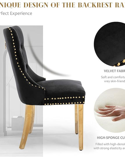 SoarFlash Velvet Dining Chair Set of 8, Upholstered Tufted Dining Room Chair with Nailhead Trim and Solid Gold Plated Leg for Kitchen (Black)