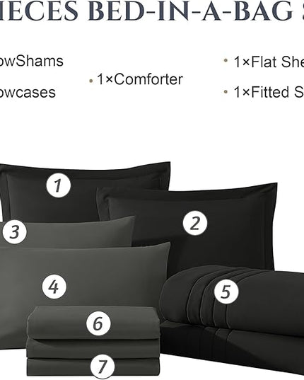 Monbix King Size Comforter Set - 7 Pieces Bed in a Bag King, Black Bedding Sets with Comforter, All Seasons Down Alternative Comforter Bed Set with Sheets, Pillowcases & Shams