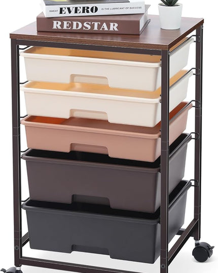 Utility Cart with 5 Drawers,Storage Drawer Cart with Wooden Tabletop and Lockable Wheels,Craft Storage Trolley Cart,5-Tier Rolling Utility Cart on Wheels,Dark Brown