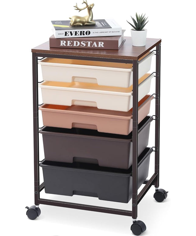 Utility Cart with 5 Drawers,Storage Drawer Cart with Wooden Tabletop and Lockable Wheels,Craft Storage Trolley Cart,5-Tier Rolling Utility Cart on Wheels,Dark Brown
