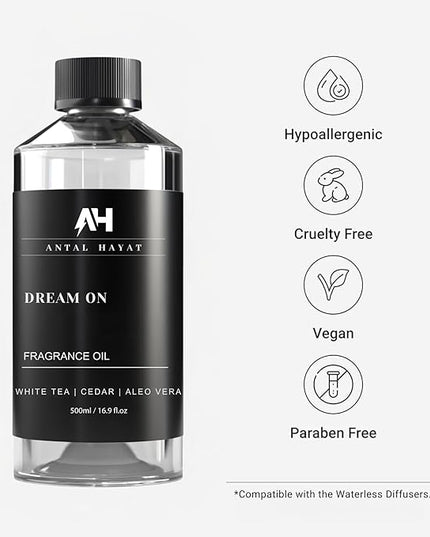 Dream on Essential Oil Scent 500mL - Luxury Home Aromatherapy Diffuser Oil - Formulated with Hints of Bright White Tea, Sweet Vanilla, & Earthy Cedar - Inspired by One Hotel Miami Beach