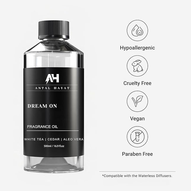Dream on Essential Oil Scent 500mL - Luxury Home Aromatherapy Diffuser Oil - Formulated with Hints of Bright White Tea, Sweet Vanilla, & Earthy Cedar - Inspired by One Hotel Miami Beach