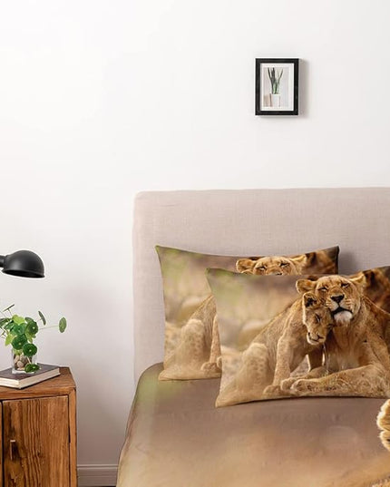 Animal Lions Pattern Duvet Cover Set Twin Size Wild Lion Comforter Covers and Pilliw Shams Camel Color Bedding Sets Romantic Jungle Theme Bedroom Deco Gift