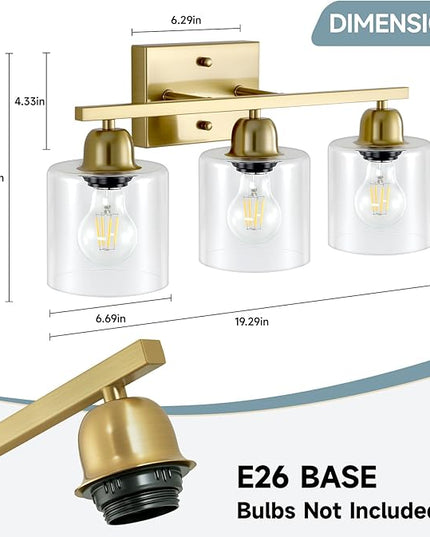Modern Brushed Gold 3 Light Bathroom Light Fixtures, 19 inch Vanity Lights for Bathroom with Clear Glass, Bathroom Lighting Fixtures Over Mirror for Mirror Kitchen Living Room