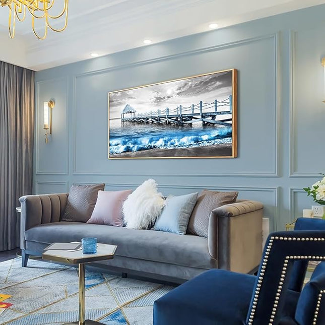 Wapluam Black and White Beach Wall Painting - Large Canvas Art for Living Room, Office, Bedroom - Wood Framed Blue Ocean Sea Wave Pictures Artwork Home Decor