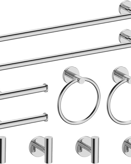 Newfun 10-Pieces Bathroom Hardware Set, Includes 24 Inch Towel Racks for Bathroom Wall Mounted, Toilet Paper Holder, Towel Hooks for Bathrooms, Towel Rings for Bathroom Wall (Polished Chrome)