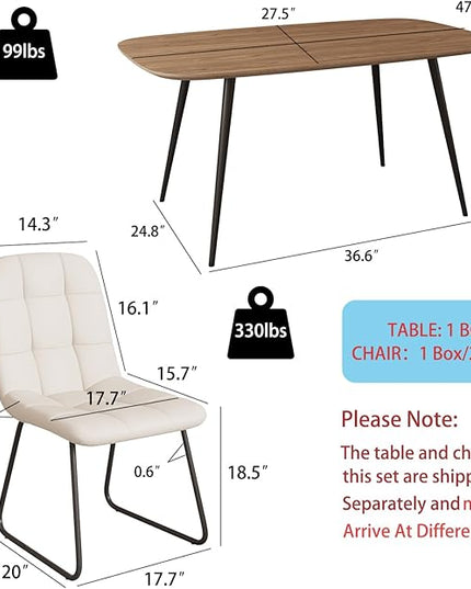 47.2'' Dining Table Set for 4,Modern Wood Dining Table,Leather Dining Chairs 4,Table and Chairs Set of 4,Ideal for Kitchen Dining Room (Walnut Color Table + 4 U-Shaped White Chairs, 47.2")
