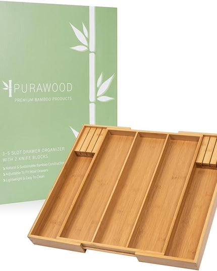 Purawood Kitchen Drawer Organizer with Knife Blocks - Utensil Drawer Organizer for Kitchen, Cutlery Tray & Silverware Organizer, 3-5 Slots - Bamboo Organizer for Utensils & Flatware (Natural)