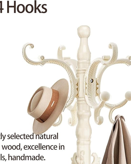 Coat Rack Freestanding, Wooden Coat Tree with Stable Round Base, Vintage Heavy Duty Coat Rack Stand with 14 Hooks, Coat Hanger Stand for Bedroom, Office, Entryway (Ivory)
