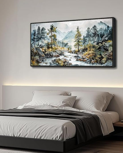 PHAOHUAXM Large Canvas Printing Artworks Wall Art For Bedroom Wall Decor For Living Room Office Home Decor Rivulet View Painting Forest Tree Landscape Watercolour Pictures Black Framed 30x60 In