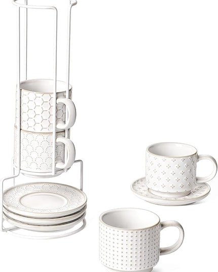 LE TAUCI Stackable Cappuccino Cups 6 oz with Saucers and Stand, Ceramic Embossed Coffee Mugs for Espresso Au Lait, Latte, Cafe, Mocha,Tea, Dishwasher Oven Safe - Set of 4, Arctic white
