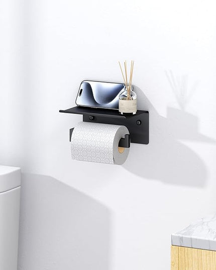 Suyar Toilet Paper Holder with Shelf Matte Black, SUS 304 Stainless Steel Wall Mounted Tissue Holder Phone Shelf for Bathroom