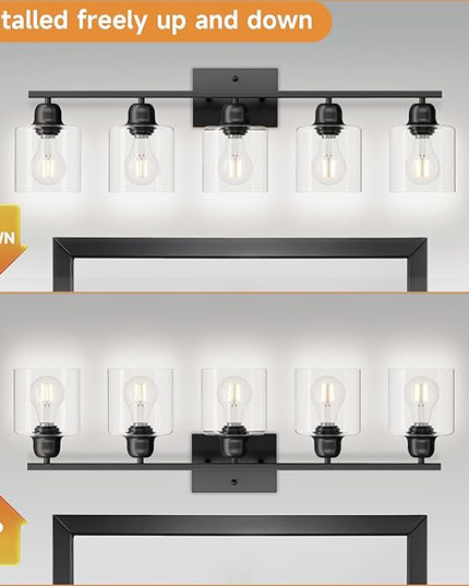 Modern 5 Light Bathroom Vanity Light, 31 inch Black Bathroom Lights Fixtures, Vanity Lights with Clear Glass for Mirror Kitchen Living Room Hallway Cabinet Porch