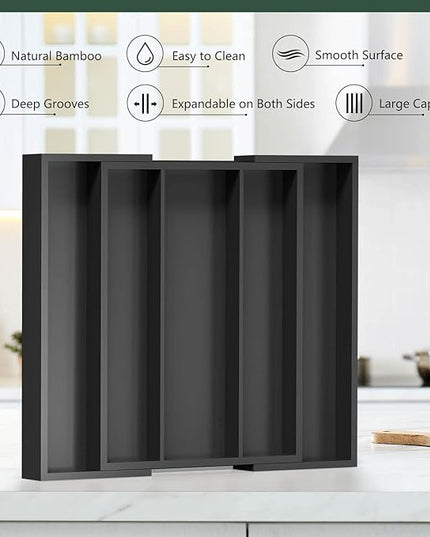 Kitchen Utensil Organizer Silverware Tray - Bamboo Flatware Organizer Expandable 5 Slots Multipurpose Silverware Organizer for Office Storage Garage Organization W13.7"-19.9" x L17.6" X H2.5" (Black)