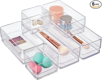 STORi SimpleSort Drawer Organizer Bins 6 pc Set, Multi-size, Bathroom Organizers and Storage, Makeup Organizer, Desk Organizer, Vanity Organizer, Clear Organizing Containers, Made in USA