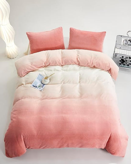 Luxlovery Pink Velvet Comforter Cal King Women Pink White Gradient Fluffy Plush Bedding Set California King Flannel Blush Pink Sherpa Micromink Ink Rainbow Color Winter Quilts Warm Comforter Set