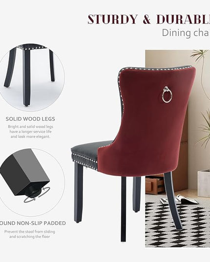 SoarFlash Leather Dining Chairs Set of 4, Tall Back Side Chair, Modern Upholstered Side Chair with Button Back Ring, Solid Wood Legs (Black&Red)