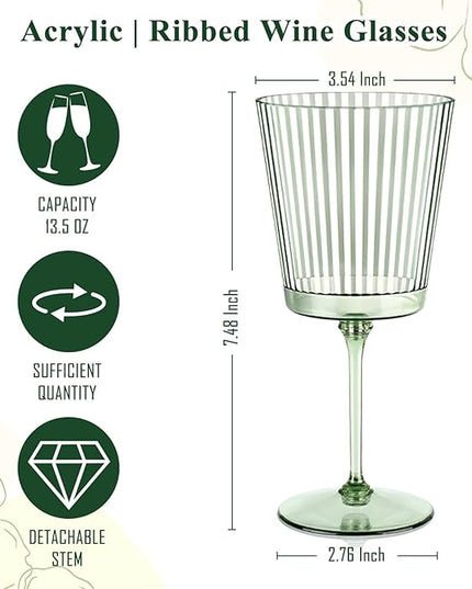 12 PCS Green Plastic Wine Glasses with Removable Stems 13.5 Oz Ribbed Wine Glasses Square White Wine Glass Muted Pastel Colors Goblets Elegant Fluted Glassware for Wedding Anniversary Birthday