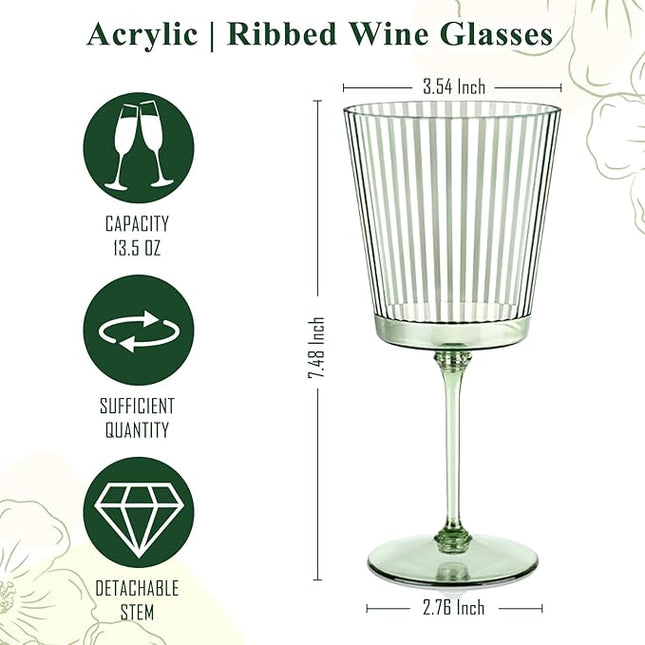 24 PCS Green Plastic Wine Glasses with Removable Stems 13.5 Oz Ribbed Wine Glasses Square White Wine Glass Muted Pastel Colors Goblets Elegant Fluted Glassware for Wedding Anniversary Birthday