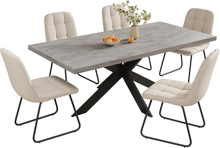ZckyCine 6-8 Person Modern Expandable Dining Table Set with 6 Chairs, 63 to 79 Inch Rectangular Kitchen Table, Space Saving Design, Sturdy Metal Frame, Gray Tabletop & White PU Leather Chairs