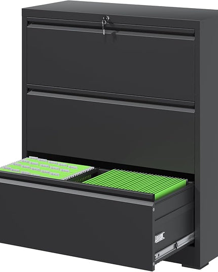 File Cabinets 3 Drawer,Metal Office Storage Filing Cabinet with Lock,Black Lateral Filing Cabinet for Home Office,Horizontal Locking File Cabinets for Legal/Letter/A4,Assembly Require,Black