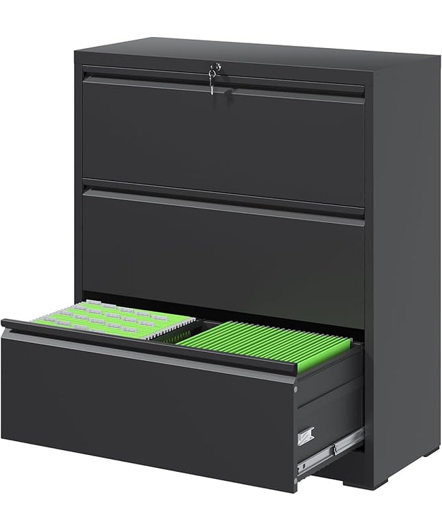 File Cabinets 3 Drawer,Metal Office Storage Filing Cabinet with Lock,Black Lateral Filing Cabinet for Home Office,Horizontal Locking File Cabinets for Legal/Letter/A4,Assembly Require,Black