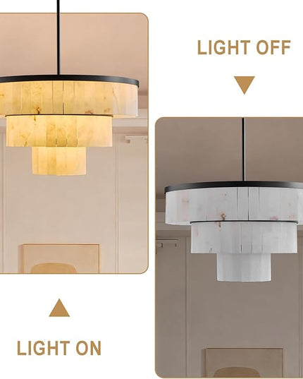 D34.3 Round Alabaster Chandelier, 3-Tier Brass Marble High Ceiling Chandeliers, Modern Dining Room Chandeliers Living Room Light for Entryways, Foyer, Stair, Kitchen Black(Include Bulbs)