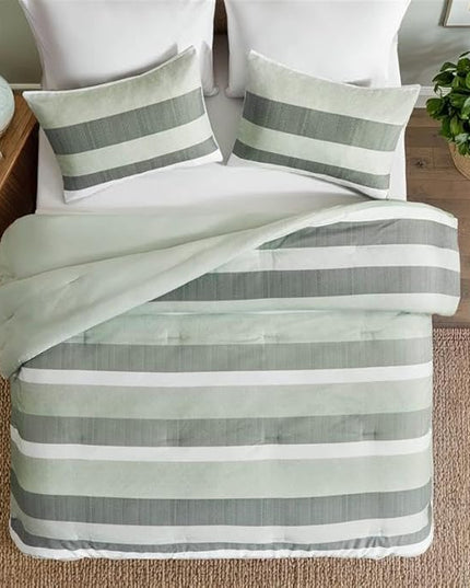 Queen Comforter Set, 3 Pieces Striped Bed Set, Soft Brushed Microfiber Reversible Bedding Set for All Season, Lightweight & Breathable Bedding Set with Comforter & Shams, Sage Green