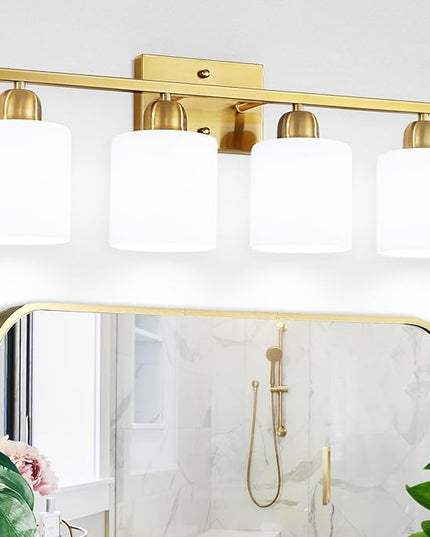4 Light Gold Light Fixture Bathroom, Brushed Gold Vanity Light with Milky White Frosted Glass Shades, Lights for Bathroom Mirror for Living Room Bedroom Hallway E26 Base
