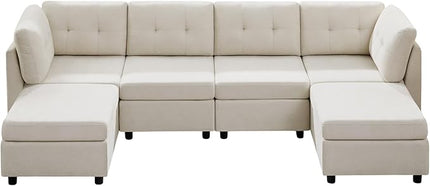VANOMi 4 Seater Modular Sectional Sofa with 2 Ottomans, 118" Cloud Sofas & Couches, Comfy Chenille Sectional Couches for Living Room, Apartment, Office, White, U Shaped