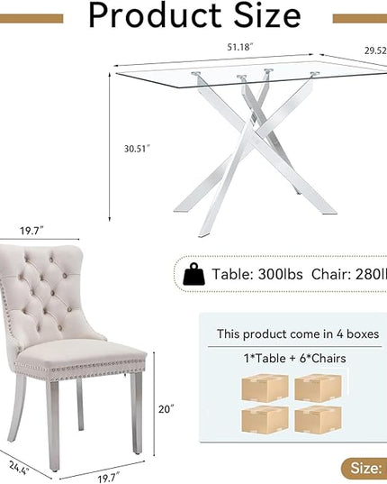 HomVent Rectangular Glass Dining Table Set for 6, Modern Tempered Kitchen Table Set and Chairs for Dining Room