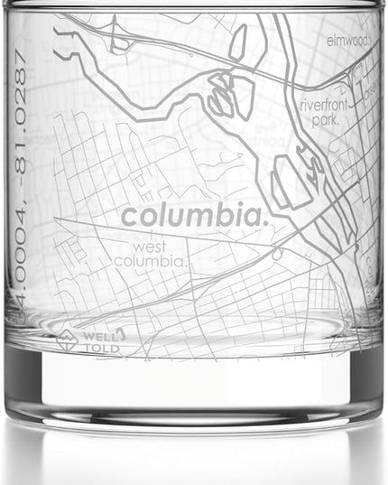 Well Told Engraved Columbia South Carolina Map Rocks Glass, Old Fashioned Glassware (11 oz, Clear) Etched Bourbon Tumbler, Gifts For Whiskey Lovers